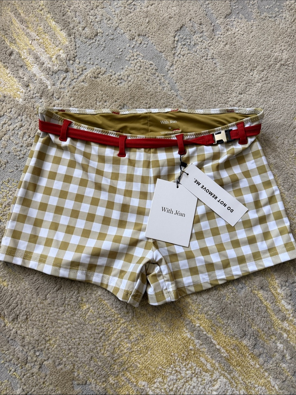 With Jean Tan-and-White Gingham Shorts with Red Belt